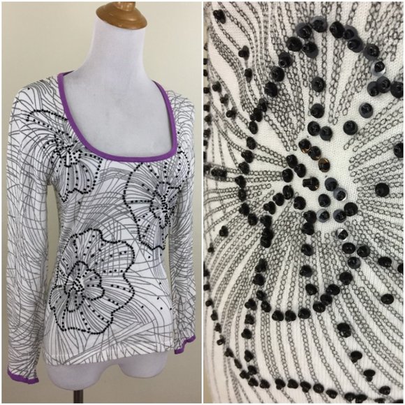 BCBGMAXAZRIA White Black Beads Floral Print Purple Trim Silk Blend Sweater - Picture 1 of 15